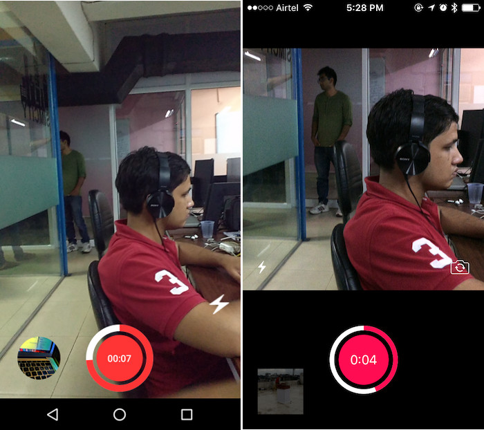 Shooting a video in Artisto on Android (Left), and iOS (Right)