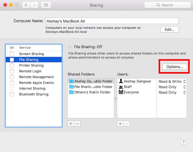Dateien zwischen Mac und PC teilen Klicken Sie auf Optionen