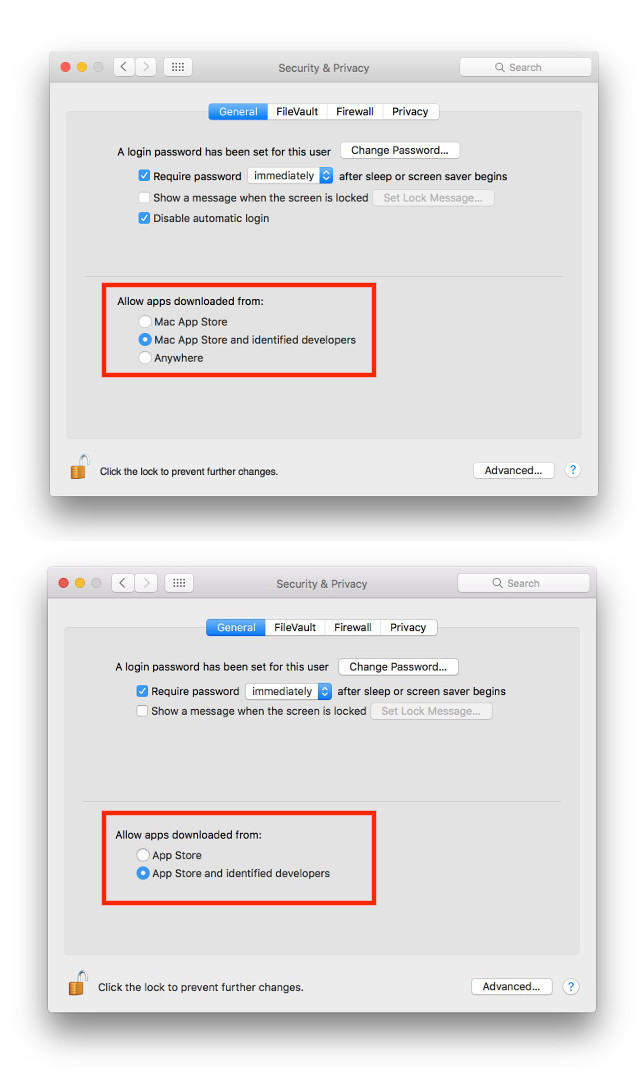 run apps from unidentified developers OS X El Capitan (top) vs macOS Sierra (bottom)