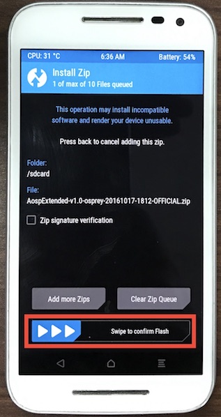 Install Android Nougat swipe-to-flash-rom