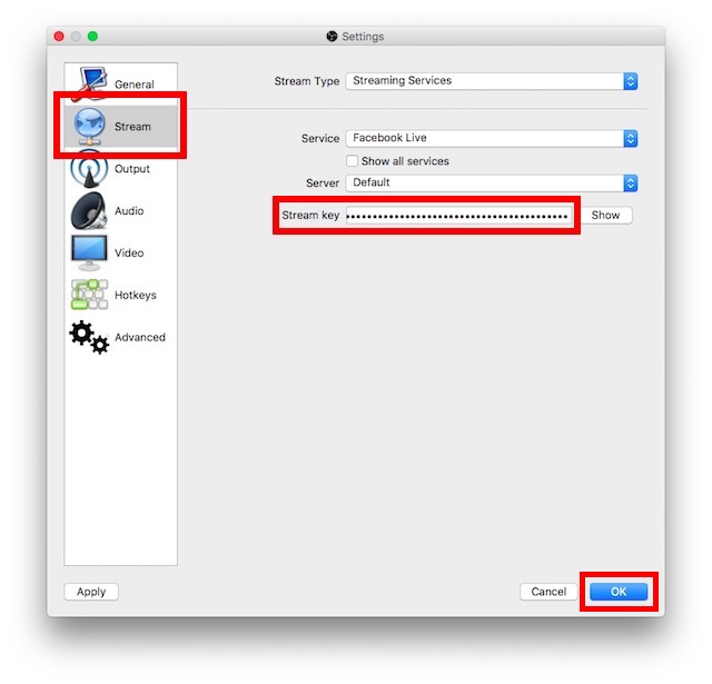 live stream to Facebook pages enter stream key in OBS studio