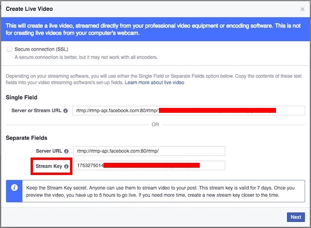 live stream to Facebook pages stream key