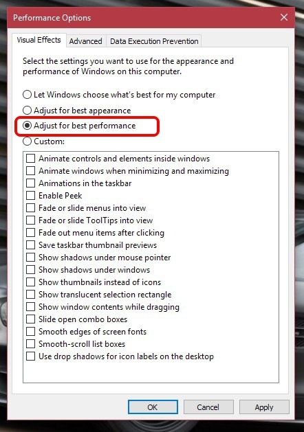 Windows 10 Performance Options