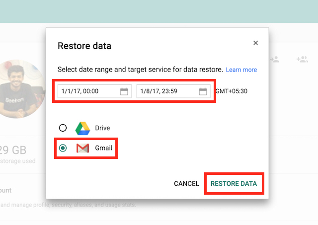 restore data date range and gmail