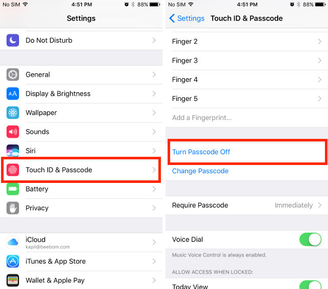 turn off passcode and touchid