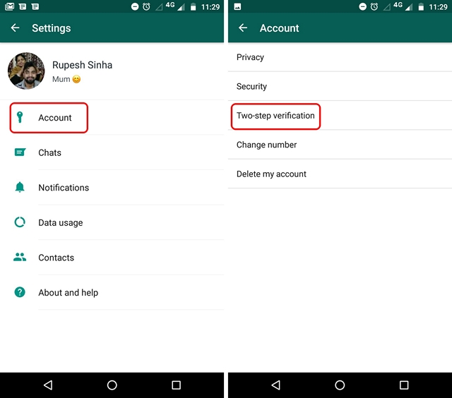 Impostazioni di verifica in due passaggi di WhatsApp