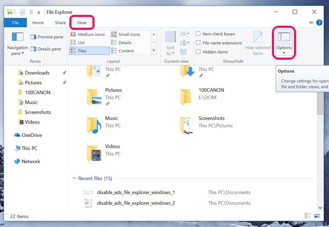 Opções de visualização do File Explorer