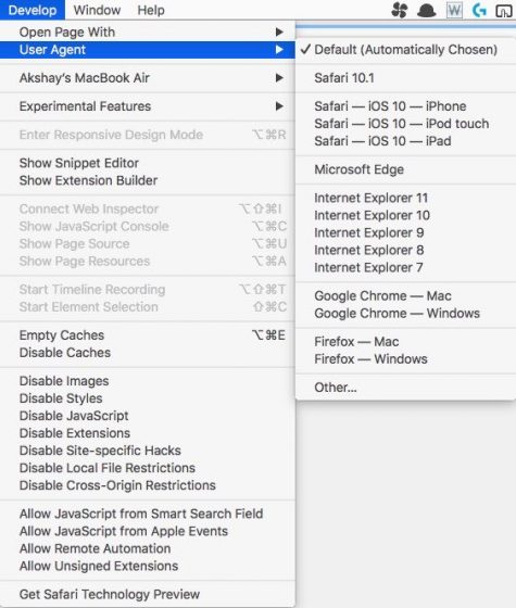 Safari Develop Menu