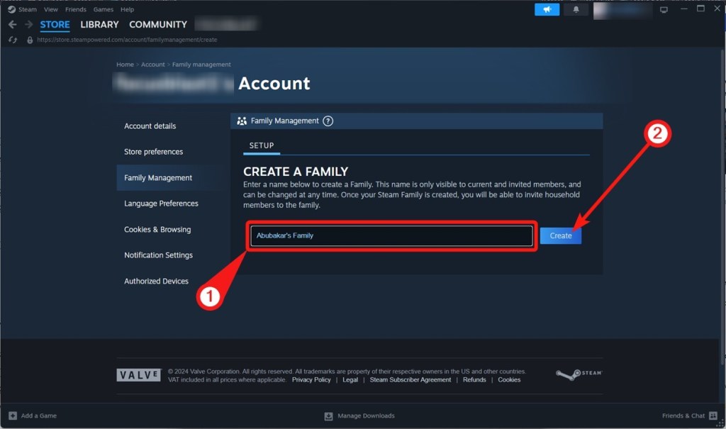 Create a family button -  steam family sharing