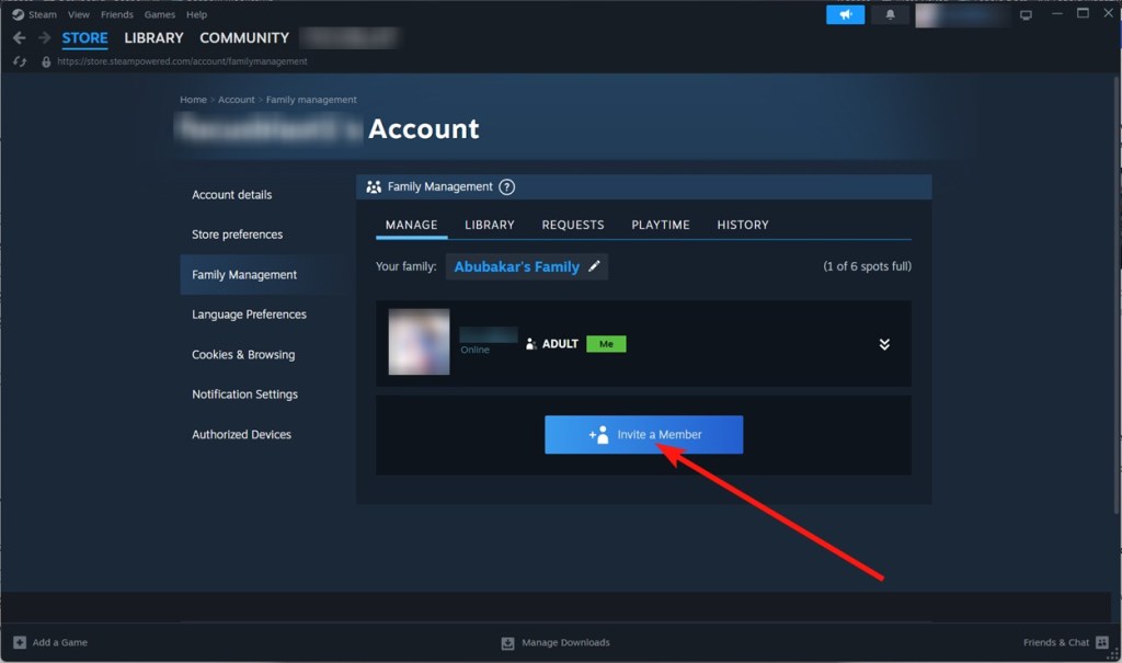 Invite a member - steam family sharing