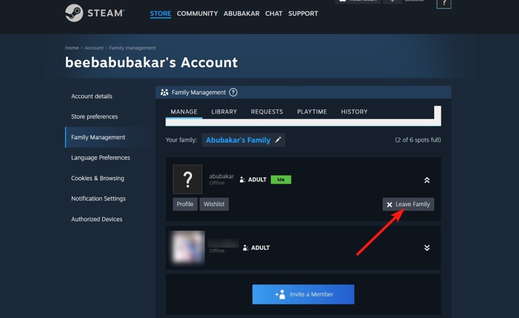 Leave Family - steam family sharing