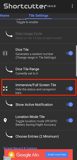 Immersive mode tile