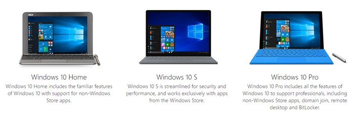 Windows 10 S vs Windows 10 Home vs Windows 10 Pro