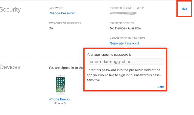 app specific password generated