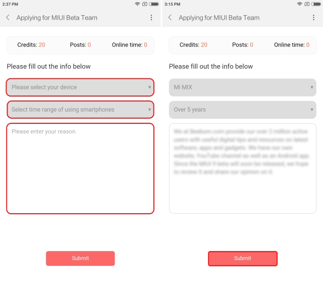 MIUI Beta Application Form