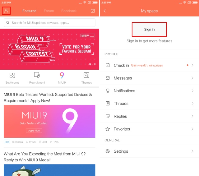 MIUI Sign in