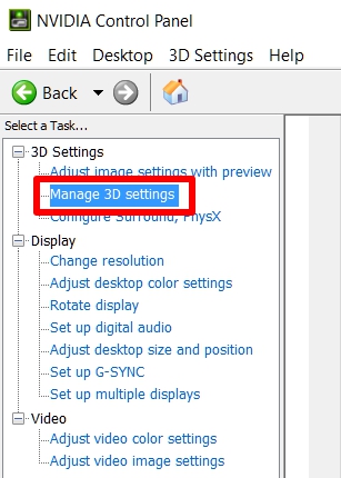 manage 3d settings nvidia