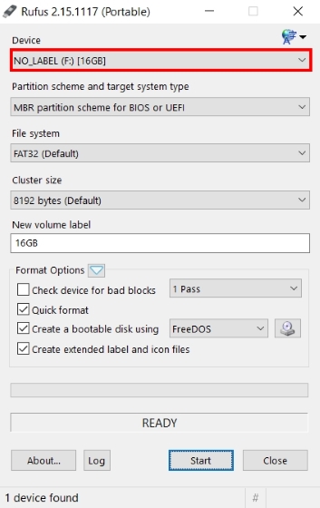 Rufus - Select USB Drive