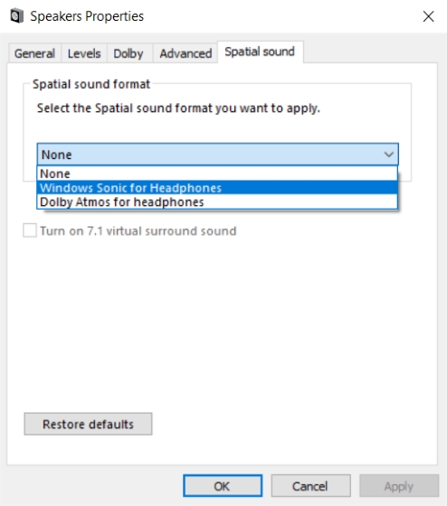 Select Windows Sonic for Headphones