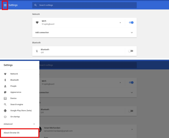 Settings and About Chrome OS