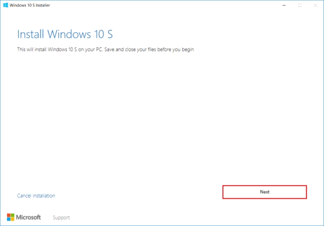 Penginstal Windows 10 S Mulai