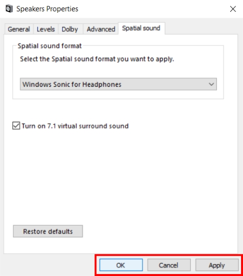 Windows Sonic for Headphones Apply and Ok