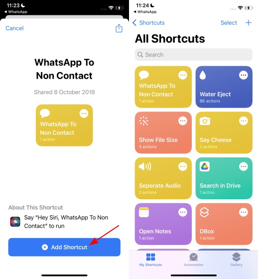 add whatsapp shortcut message