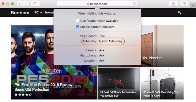 4. Ative o bloqueio de reprodução automática de vídeo no Safari (site individual)