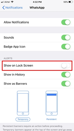 Disable Show on Lock Screen