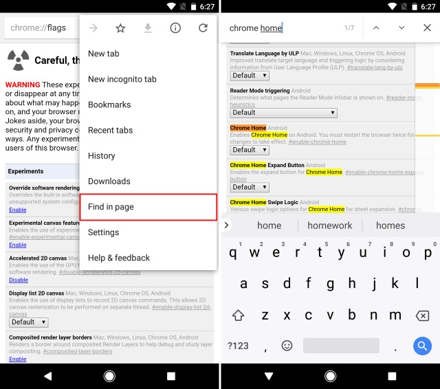 Find in Page Chrome Home