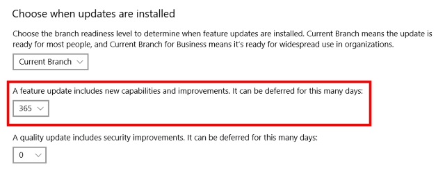 Number of days to defer the Windows 10 Fall Creators Update