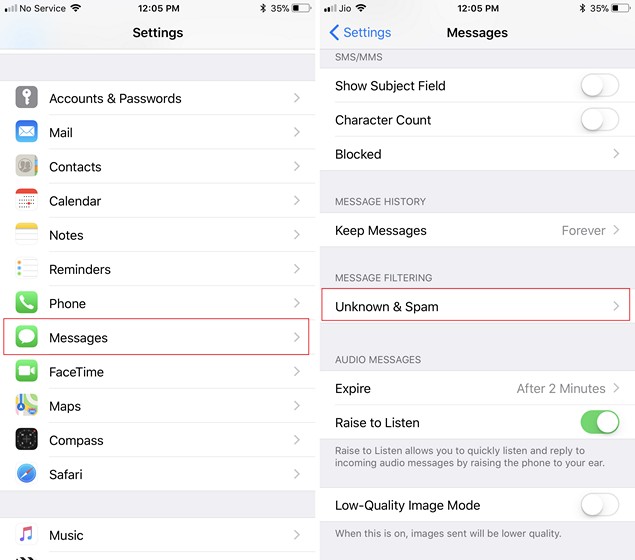 iPhone message settings