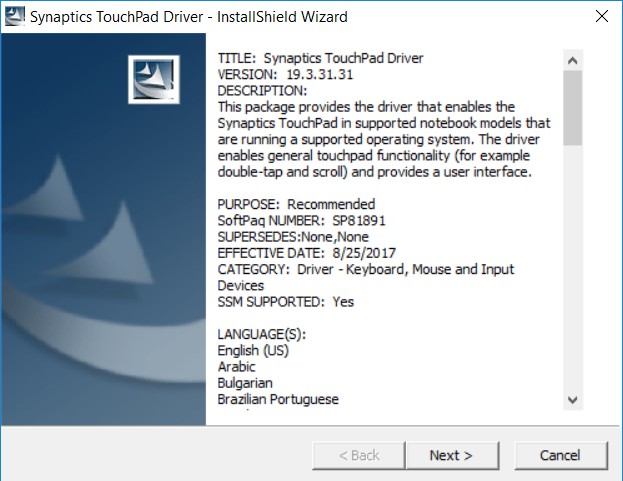 hp synaptics touchpad driver windows 8.1