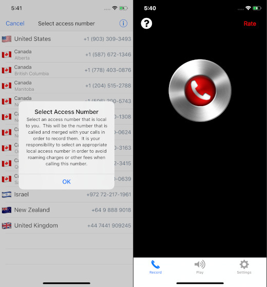 Call Recorder Lite for iPhone interface