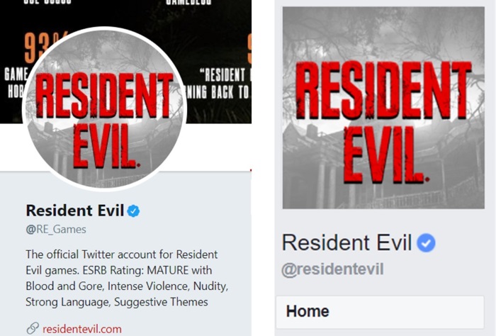 Resident Evil's Twitter Handle (left) and Facebook Handle (right)