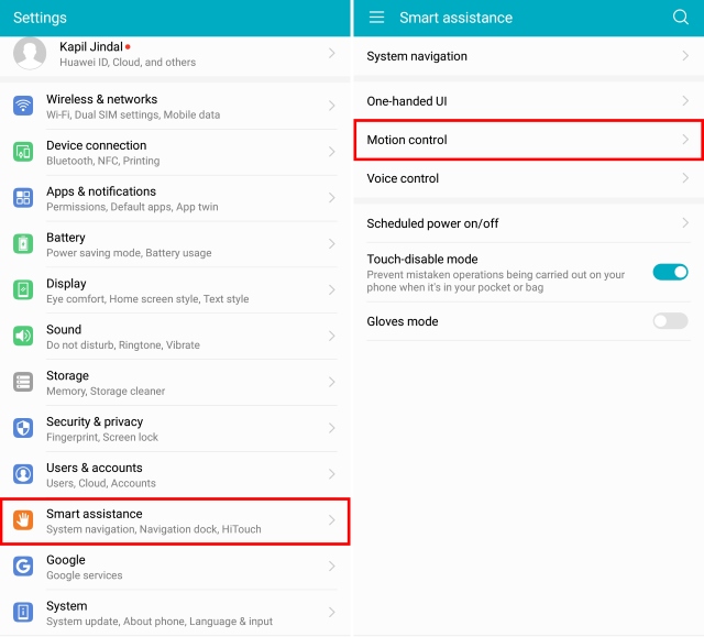 Settings Smart assistance Motion control