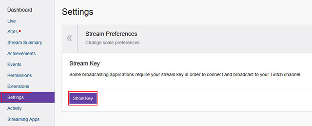 Twitch settings show the key