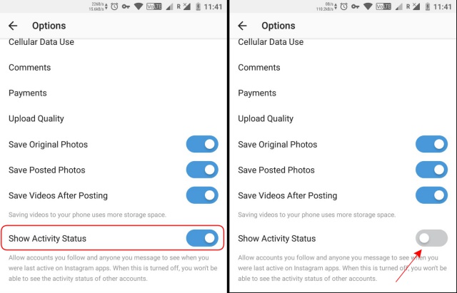 instagram activity status toggle