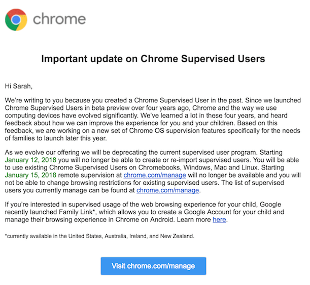 Chrome Parental Control going away