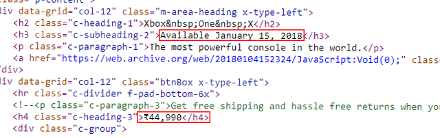 Xbox Price and Release Date on Xbox India website's HTML code