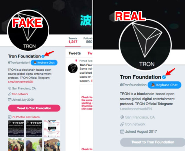 TronFoundation Real vs Fake Twitter