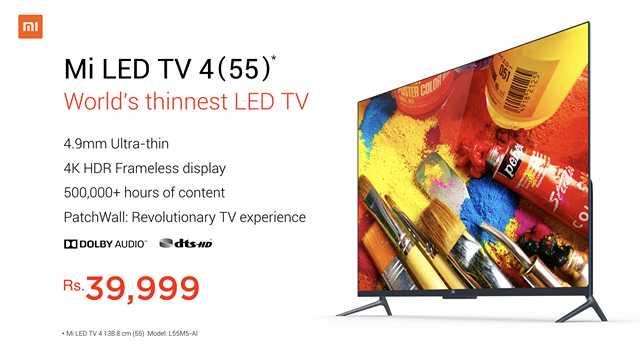 Xiaomi Launches 55-inch Mi TV 4 in India for Rs. 39,999