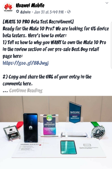 One of Huawei's Facebook Posts urging users to review the phone (Image: 9to5Google)
