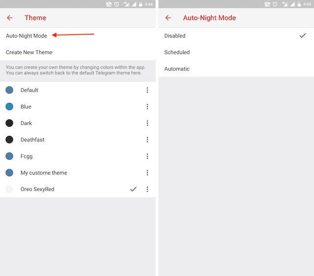 5. قم بتمكين Auto-Night Mode 1b Telegram Messenger Tricks