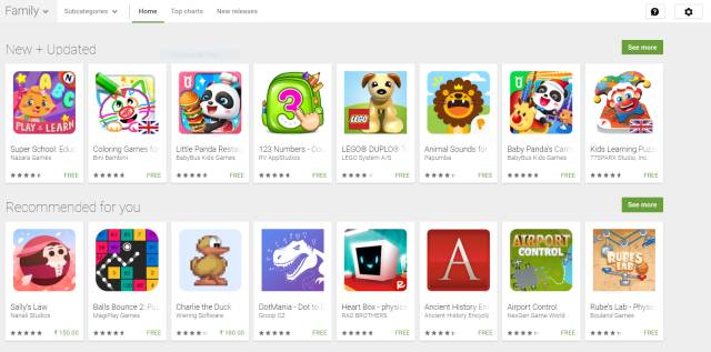 The Family section on the Google Play Store