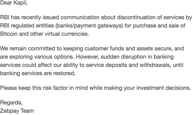 After RBI, Crypto Exchanges like Zebpay Are Warning Customers About Investment Risks