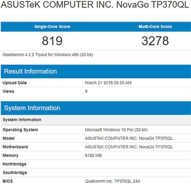 Asus NovaGo Snapdragon 845 Windows 10