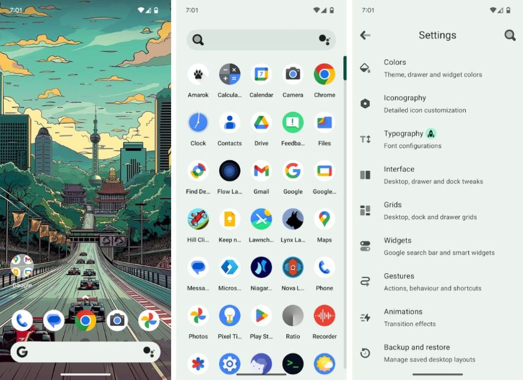 Hyperion Home screen, apps menu, and settings