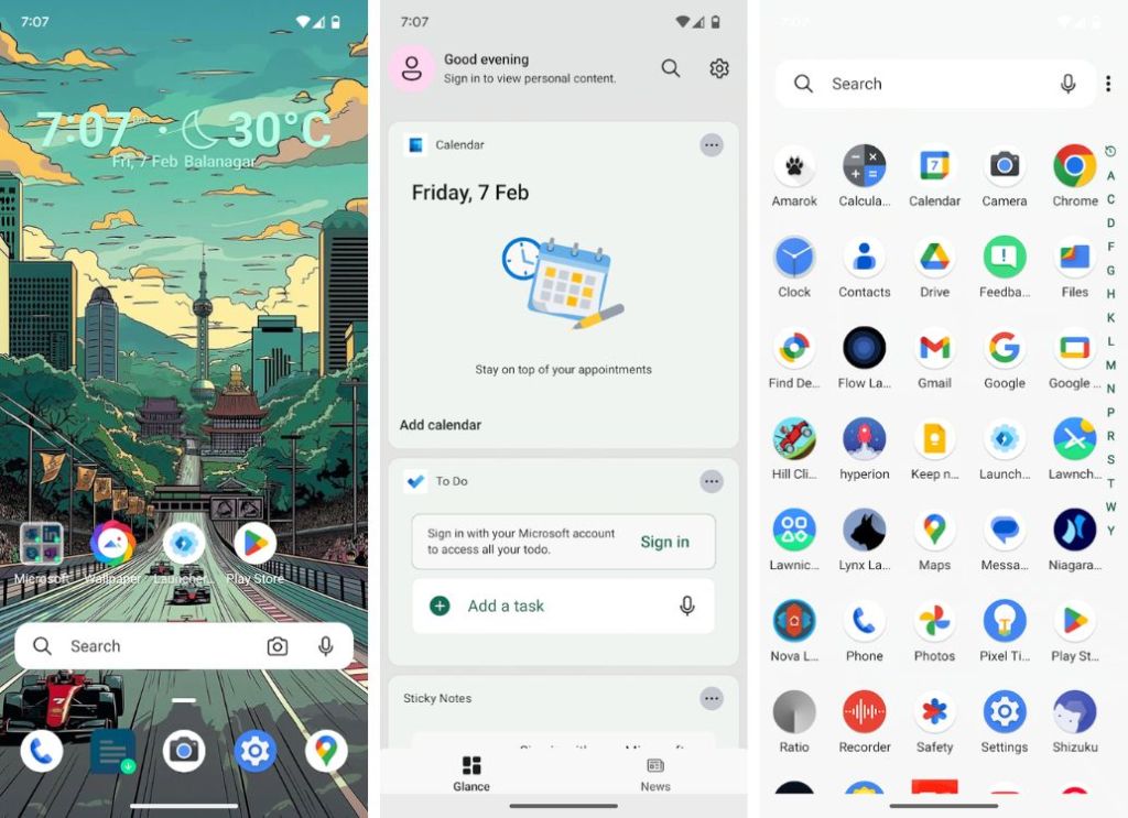 microsoft launcher app menu, dock and home screen