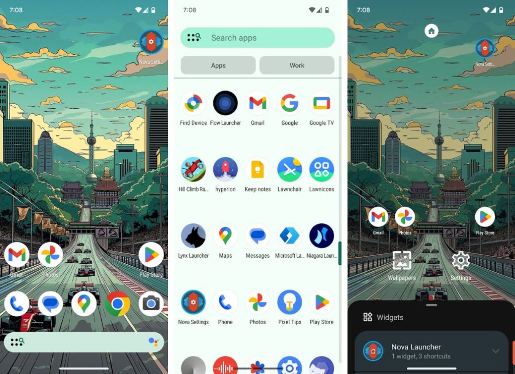 Nova launcher home, apps, and long press settings